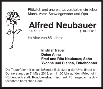 Traueranzeige von Alfred Neubauer von Pegnitz-Zeitung